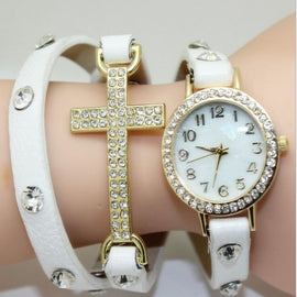 White Leather Watch and Cross with Rhinestones Bracelet