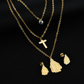 Gold Multi-layer Cross Crystal Pendant Jewelry Set