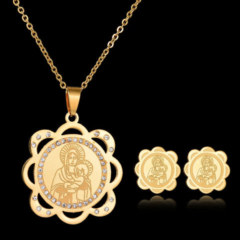 Gold with Rhinestones Classic Virgin Mary Jewelry Set