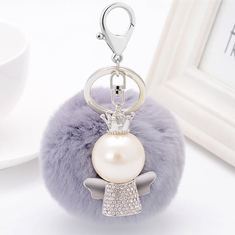 Pearl and Crystal with Fur Ball Angel Keychain