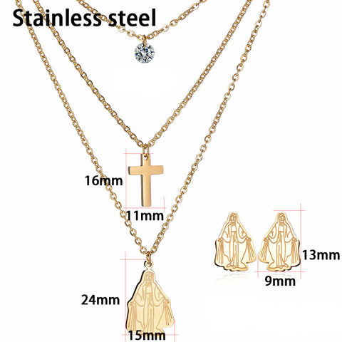 Gold Multi-layer Cross Crystal Pendant Jewelry Set