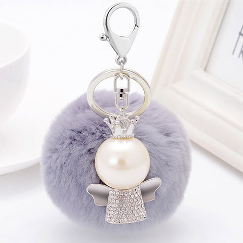 Pearl and Crystal with Fur Ball Angel Keychain